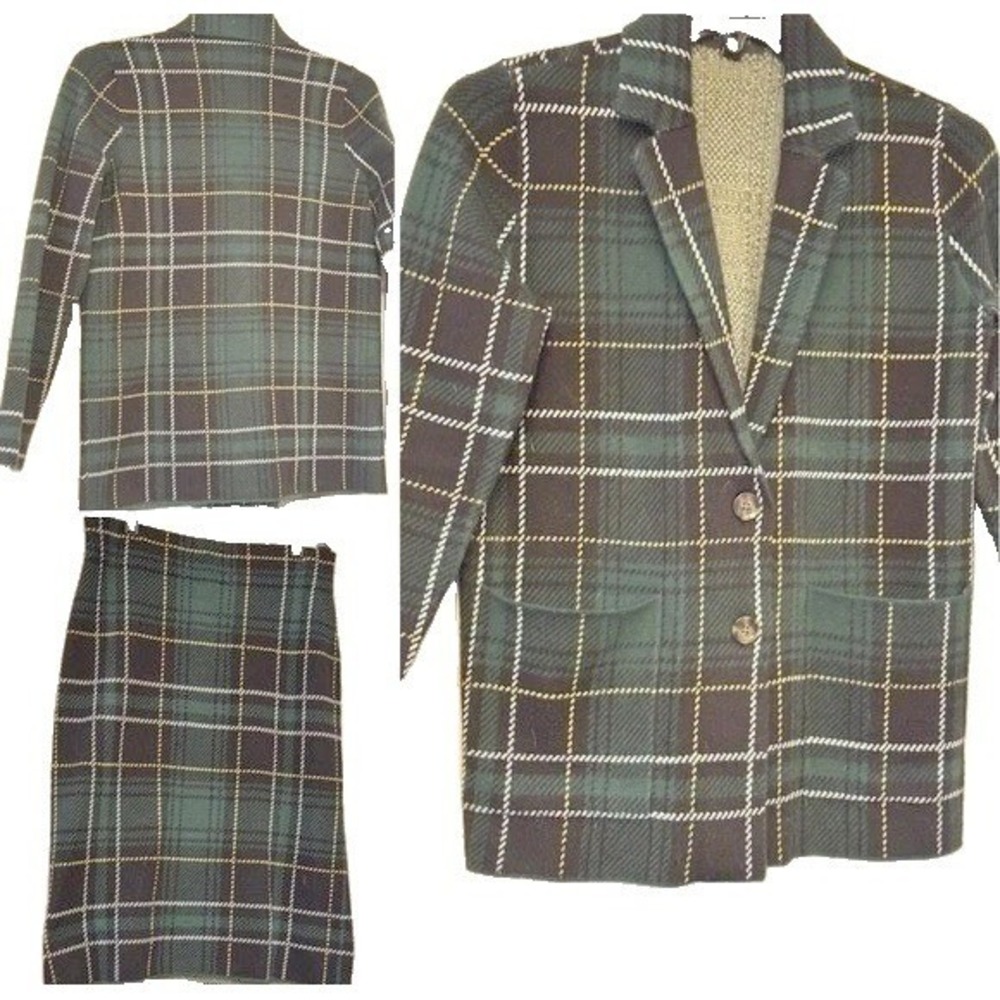 Ann Taylor Green Plaid Blazer and Skirt Set Petite Small PS Knit 2 Piece Suit
